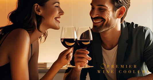 couple enjoying glass of red wine in small apartment kitchen