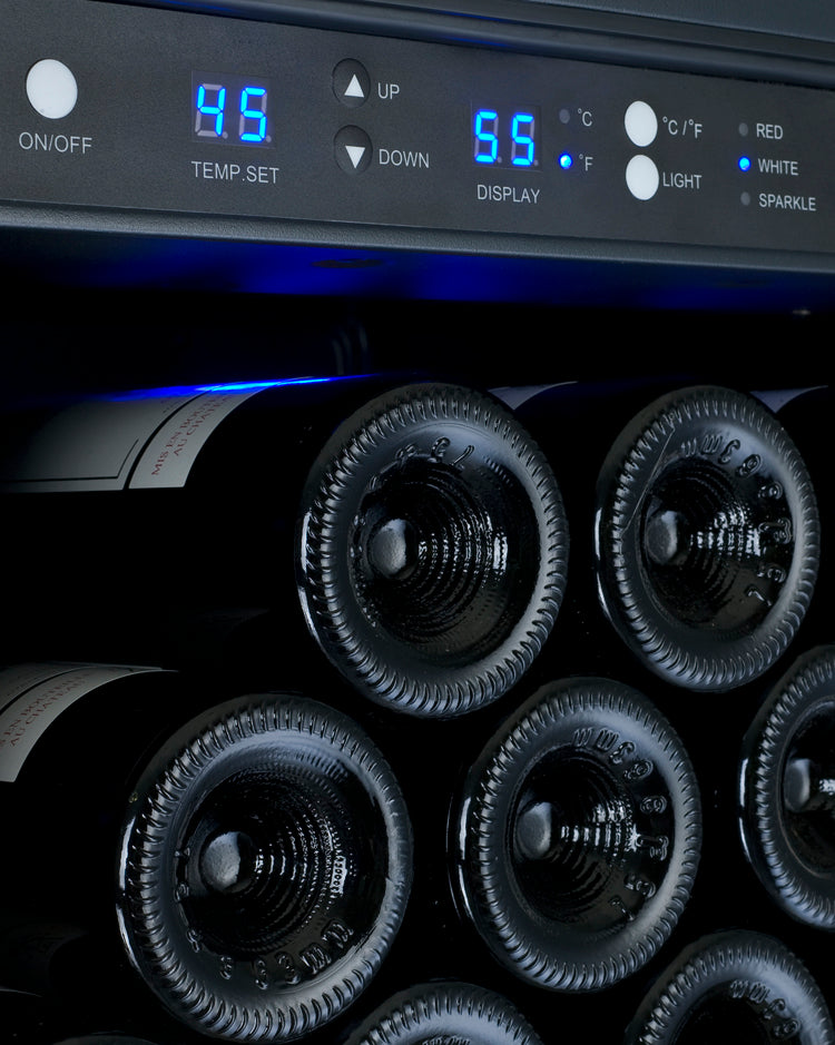 Detailed shot of the digital temperature control panel on the Allavino Tru-Vino wine refrigerator, allowing precise single zone cooling