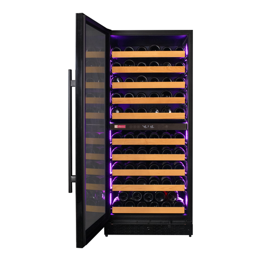 Interior of the Allavino Reserva Series wine fridge, highlighting two cooling zones and customizable LED lighting.