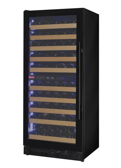 Front view of the Allavino Reserva Series 119 Bottle Dual Zone Wine Refrigerator with a sleek black glass door and left hinge.
