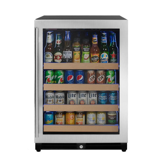 Built-in stainless steel beverage center with right-hinged glass door