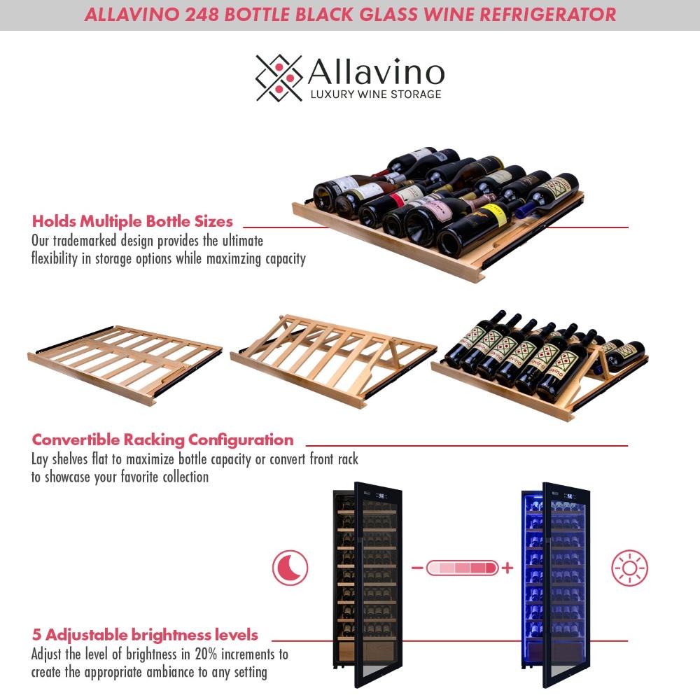 Allavino 496-Bottle Dual Zone Freestanding Wine Refrigerator – Side-by-Side with Display Shelving and Black Glass Door
