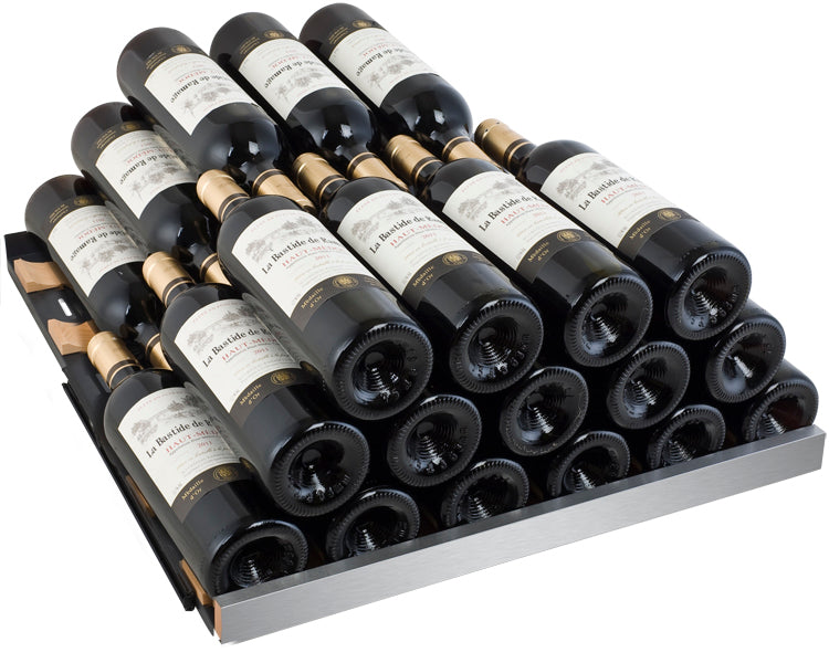 Top view of open FlexCount shelves with bottles of different sizes stored securely in the Allavino wine fridge
