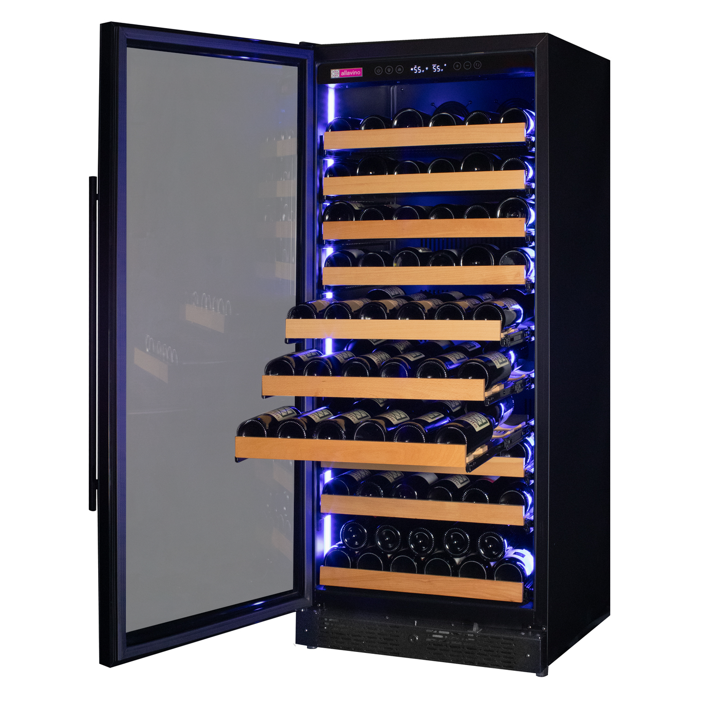 Allavino Reserva Series wine cooler, displaying neatly organized bottles on smooth glide-out shelving.
