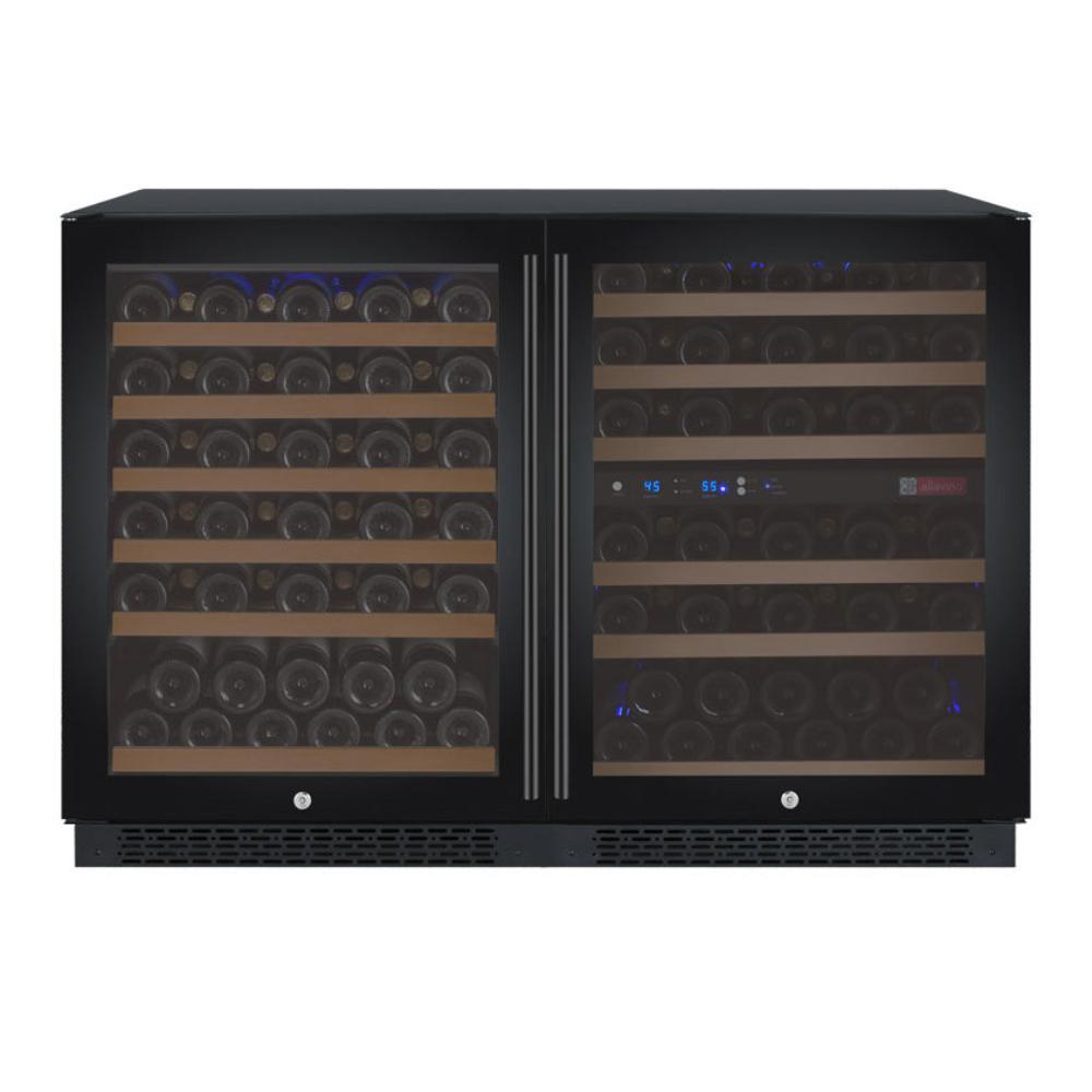 Black triple-zone built-in wine cooler with French doors