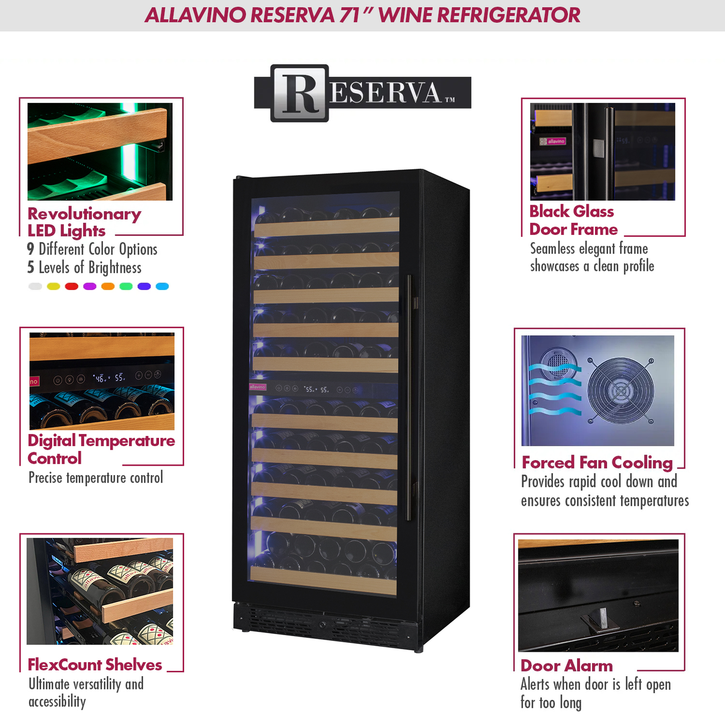 Allavino Reserva Series 119-Bottle 55” Tall Dual Zone Wine Refrigerator – Black Glass, Left Hinge