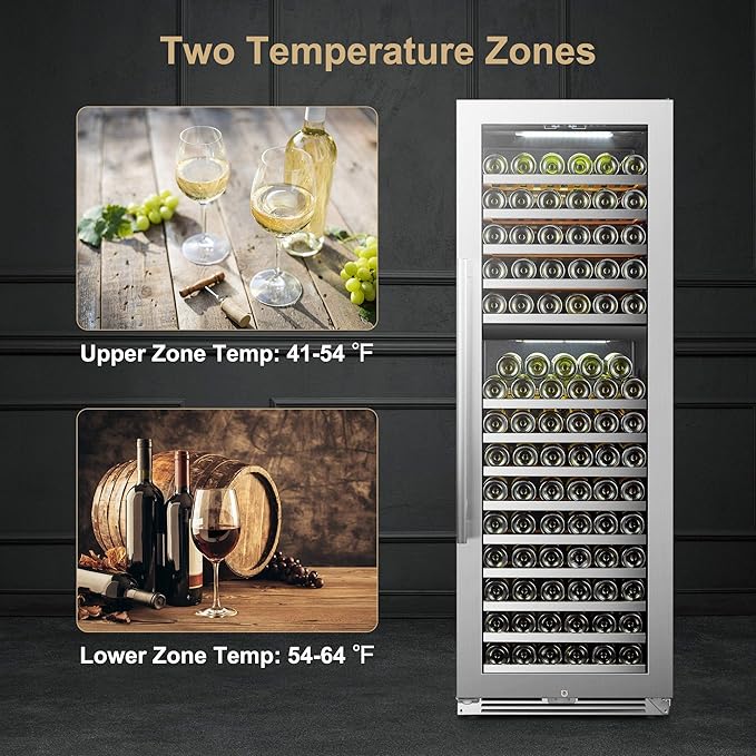 Dual zone wine cooler displaying both red and white wines.