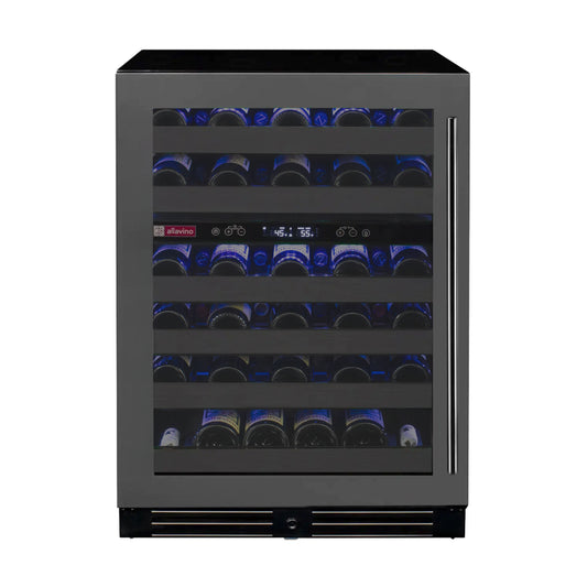 Front view of the Reserva Series 50 Bottle Dual Zone Wine Cooler, 34" tall, with a left-hinge glass door and black stainless steel finish