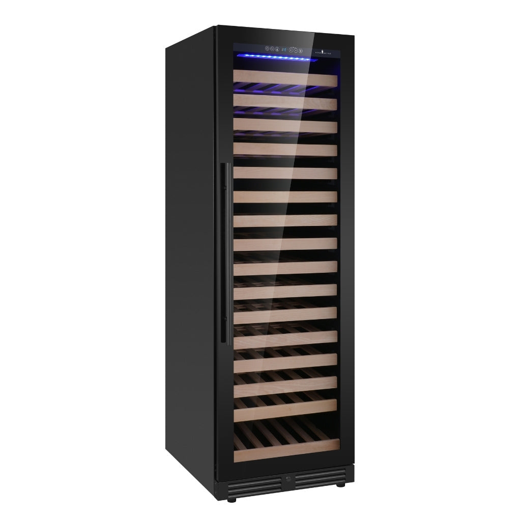 KingsBottle upright wine cooler with borderless black glass door, storing 159 bottles, with sleek siding making a beautiful stand alone piece in a modern kitchen.