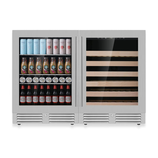 Under-bench wine and beverage refrigerator combo with stainless steel finish