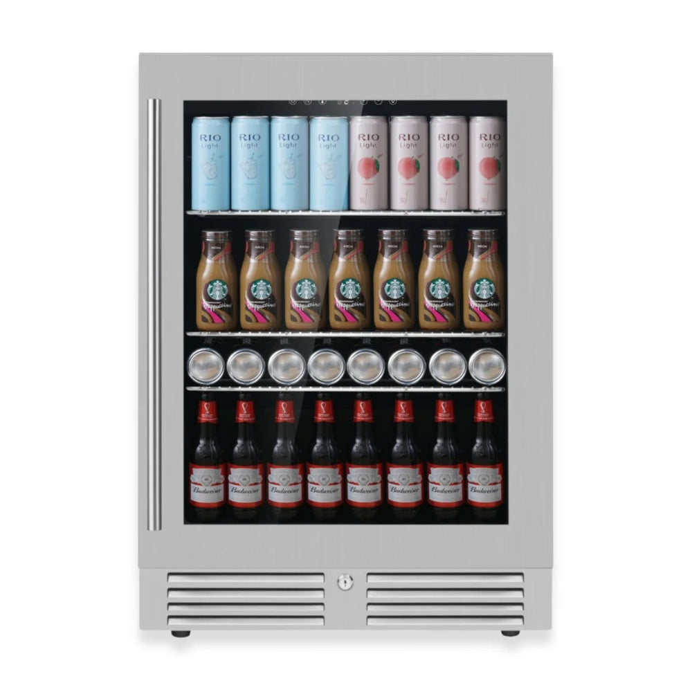 Under-counter 24-inch beer fridge with glass door and chrome shelving