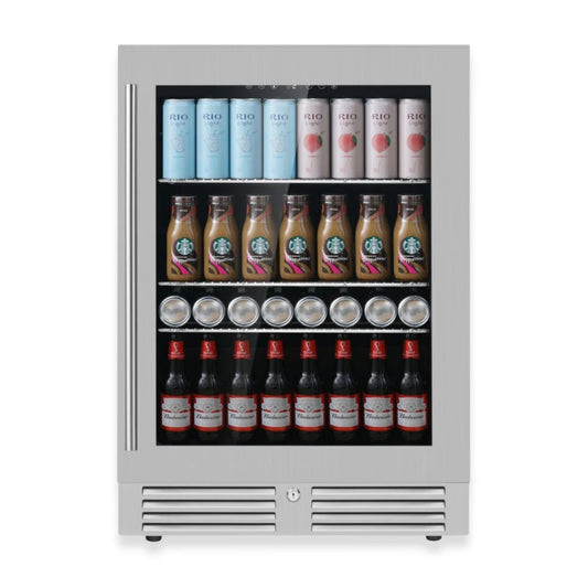 Under-counter 24-inch beer fridge with glass door and chrome shelving