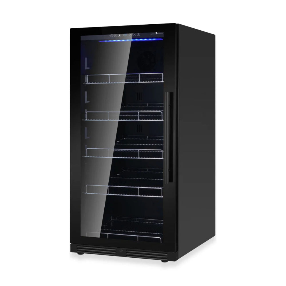 Upright beverage refrigerator with 389-can capacity and glass door