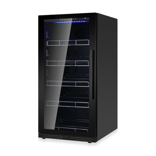 Upright beverage refrigerator with 389-can capacity and glass door