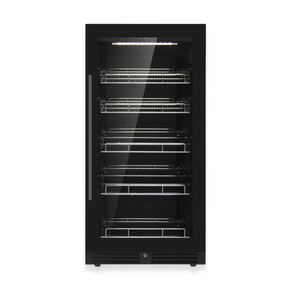 Upright beverage refrigerator with 389-can capacity and glass door