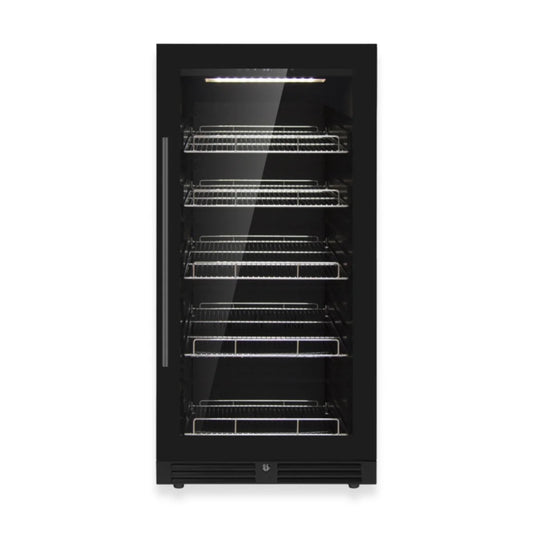Upright beverage refrigerator with 389-can capacity and glass door