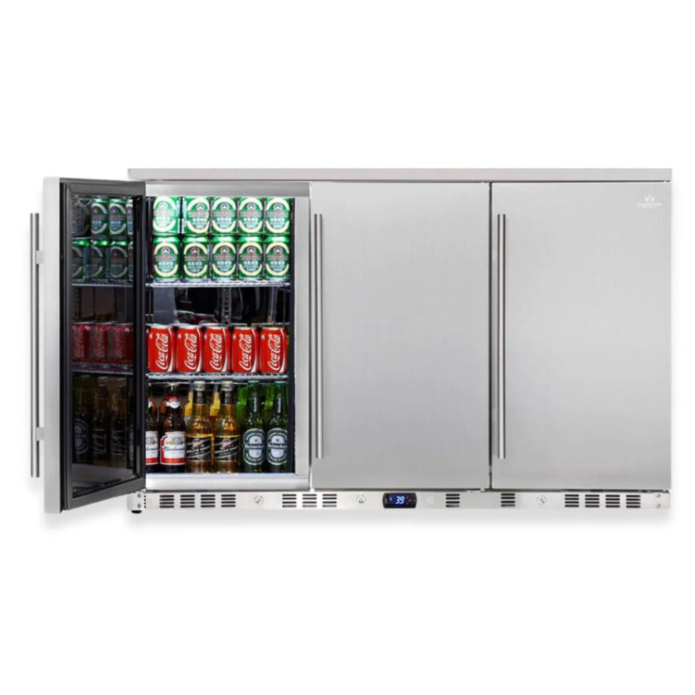 Interior of 3-door beverage cooler with adjustable chrome shelving