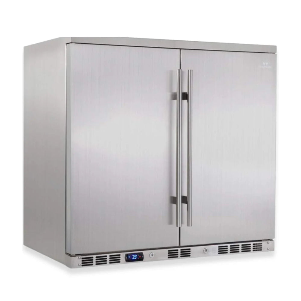 Built-in beverage fridge with dual stainless doors and front venting