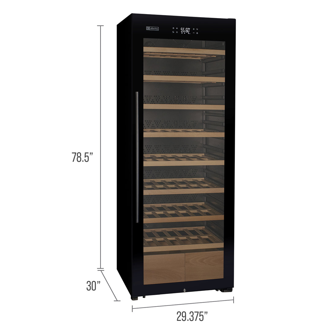 Allavino 248-Bottle Freestanding Single Zone Wine Refrigerator – 29” Wide, Black Glass Door with Right Hinge and Display Shelving