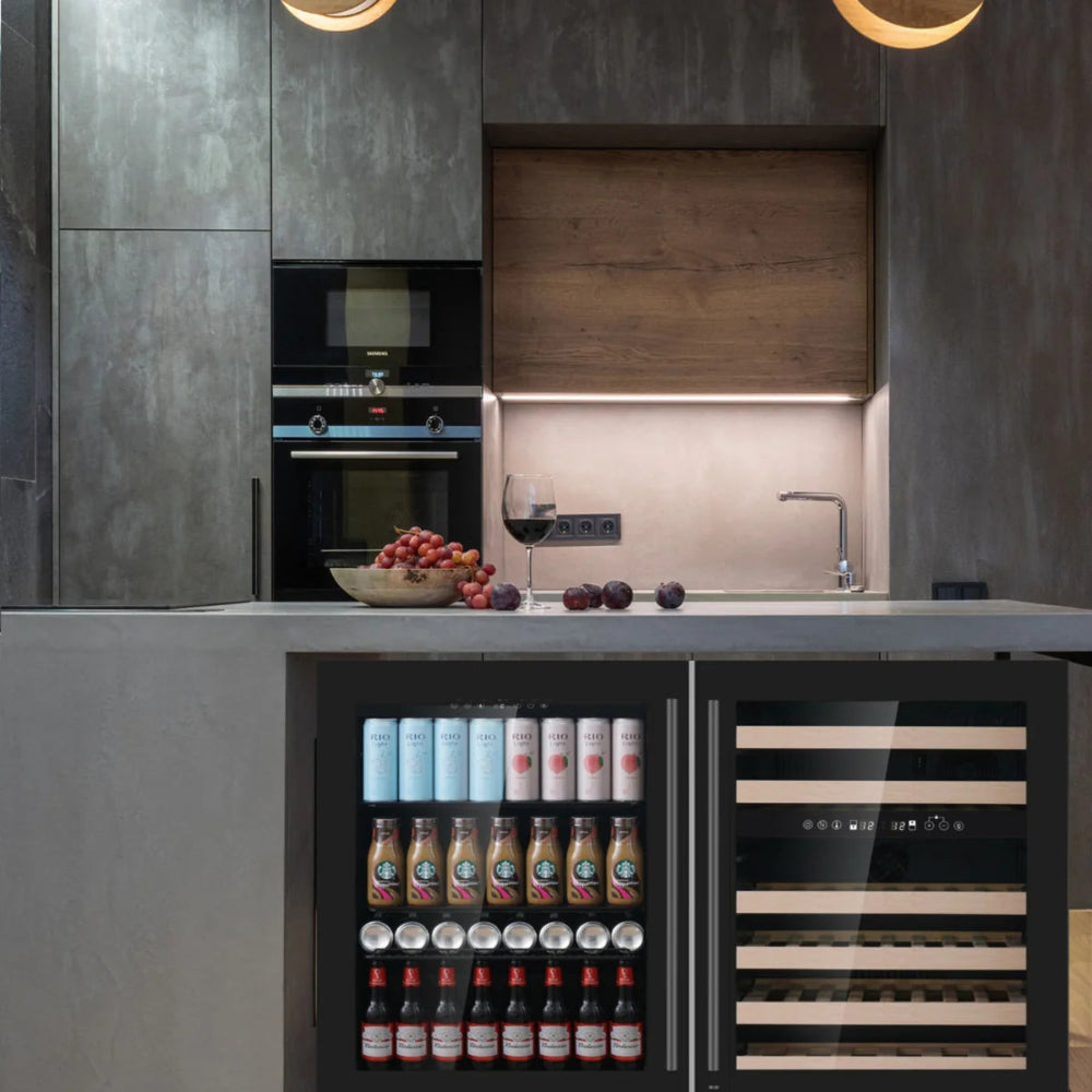 Built-in wine fridge combo with Low-E glass doors