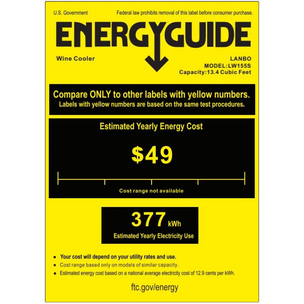 Energy Guide for the Lanbo LW155W showing and estimated 377 kWh annual electrical usage.