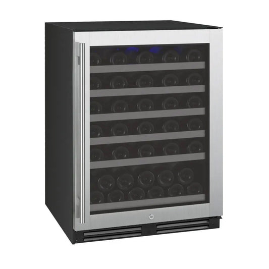 Front view of the FlexCount Series 56 Bottle Single Zone Wine Refrigerator with stainless steel right hinge door