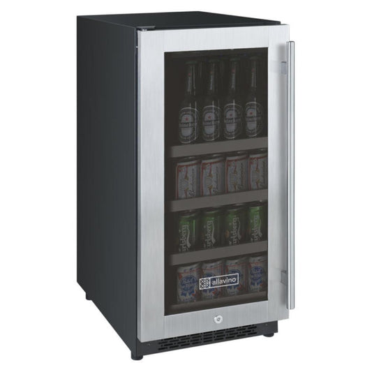 15-inch stainless steel beverage cooler with left-hinge UV glass door