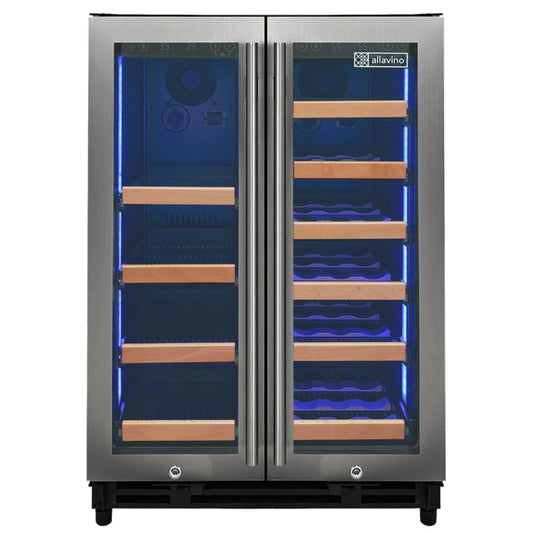 Reserva Series 24" Wide Two-Door Stainless Steel Wine Refrigerator with Wood Front Shelves for wine and beverage storage.