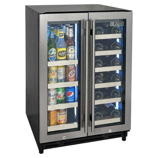 Dual zone luxury wine and beverage cooler with stainless steel French doors.