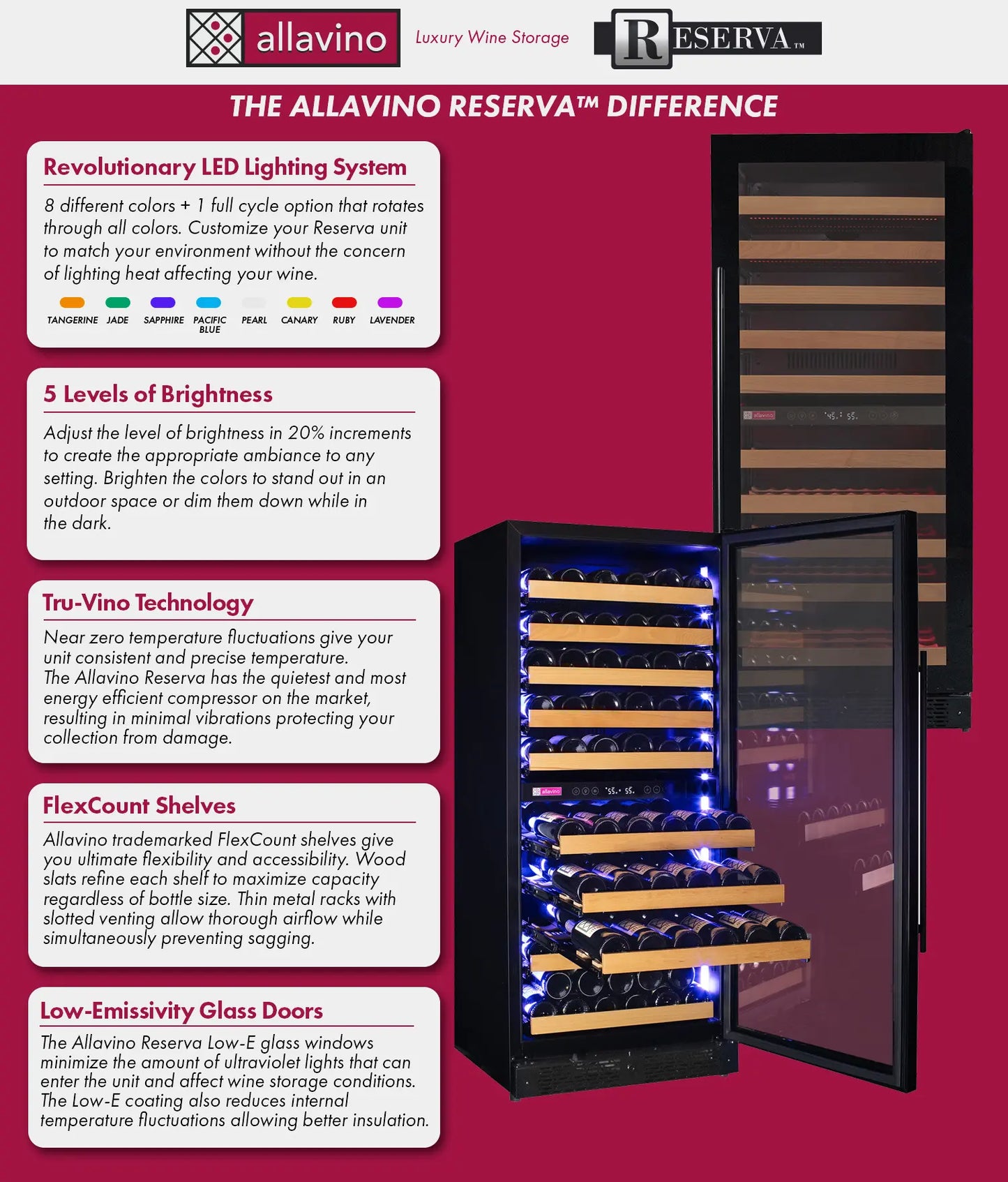 Allavino Reserva Series 119-Bottle 55” Tall Dual Zone Wine Refrigerator – Black Glass, Right Hinge