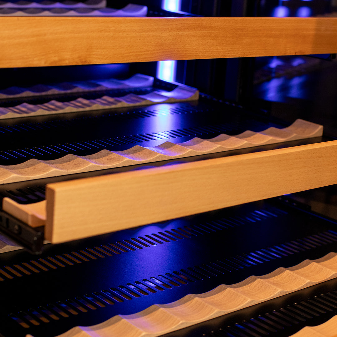 Close-up of FlexCount wood-fronted shelves in Allavino Reserva wine fridge.