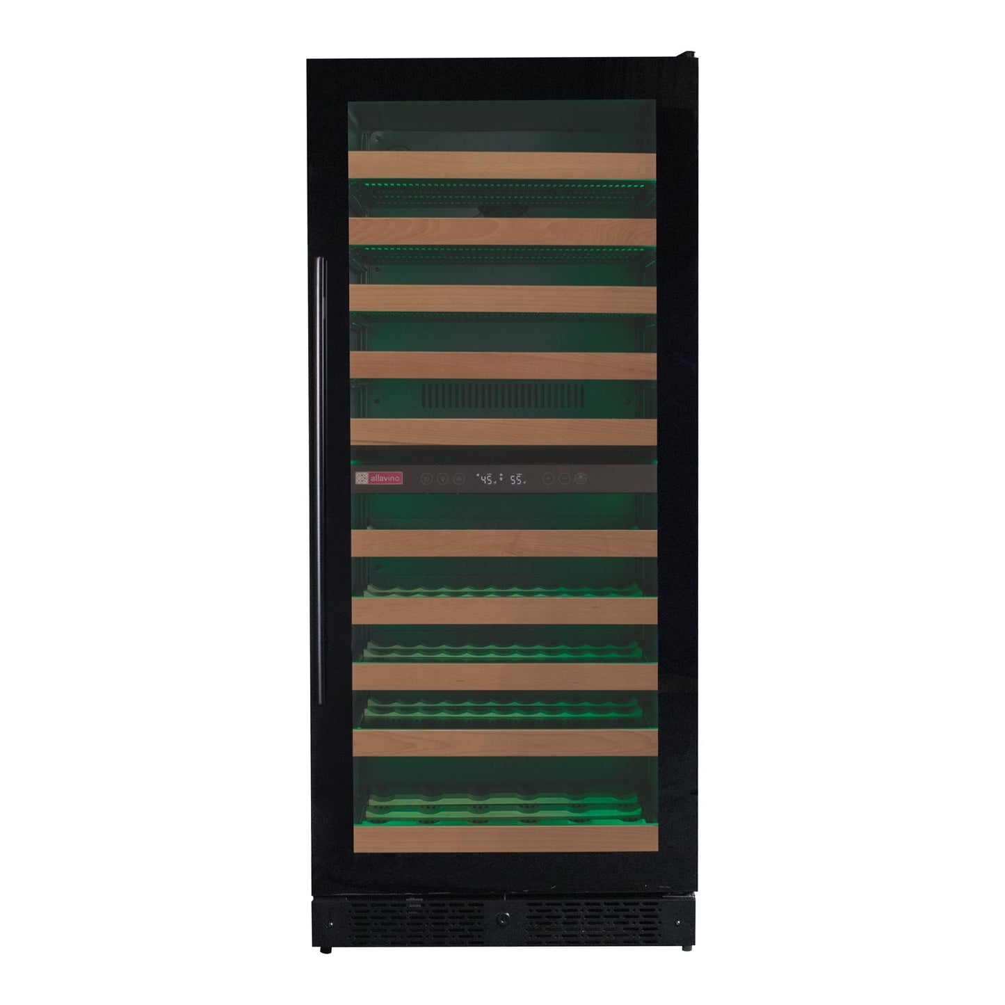 Customizable LED lighting in the Allavino wine refrigerator, cycling through 7 vibrant color options.