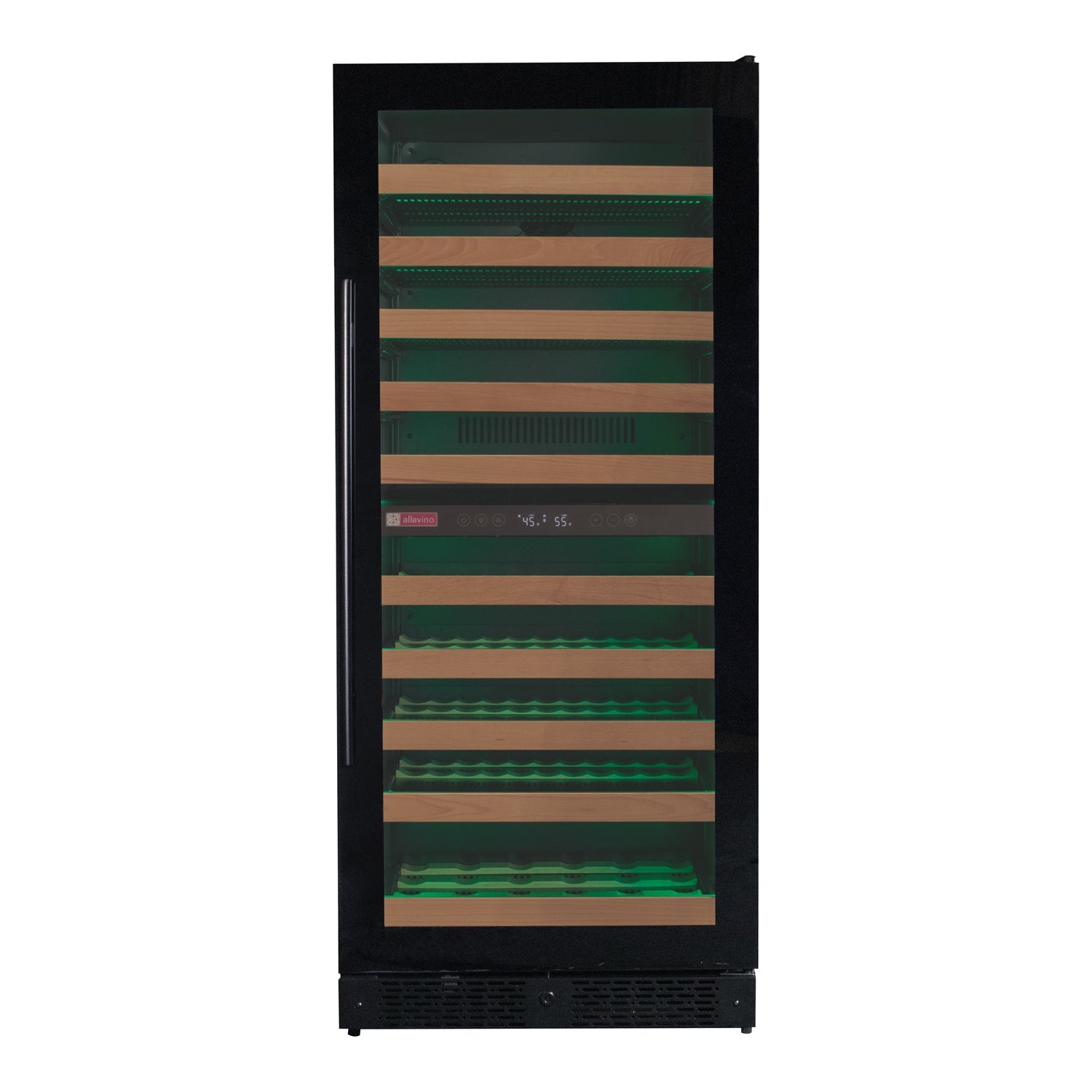 Customizable LED lighting in the Allavino wine refrigerator, cycling through 7 vibrant color options.