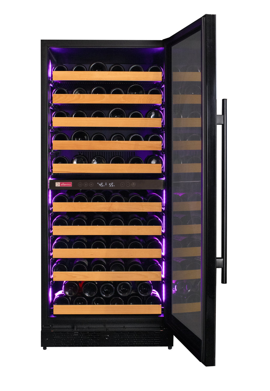 Allavino Reserva Series 119-Bottle 55” Tall Dual Zone Wine Refrigerator – Black Glass, Right Hinge