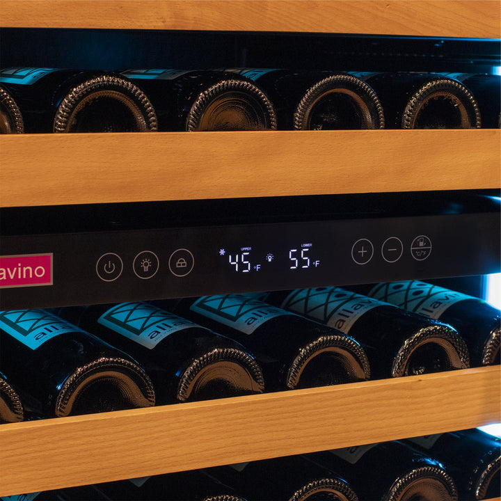 Control panel of Allavino Reserva Series wine refrigerator, featuring a digital display with temperature control for dual zones.