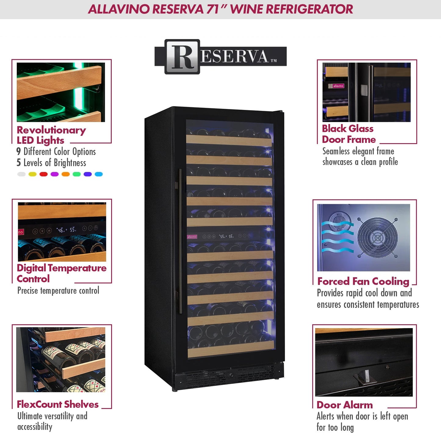 Allavino Reserva Series 119-Bottle 55” Tall Dual Zone Wine Refrigerator – Black Glass, Right Hinge