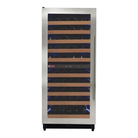 stainless steel dual-zone wine cooler with right-hinged glass door