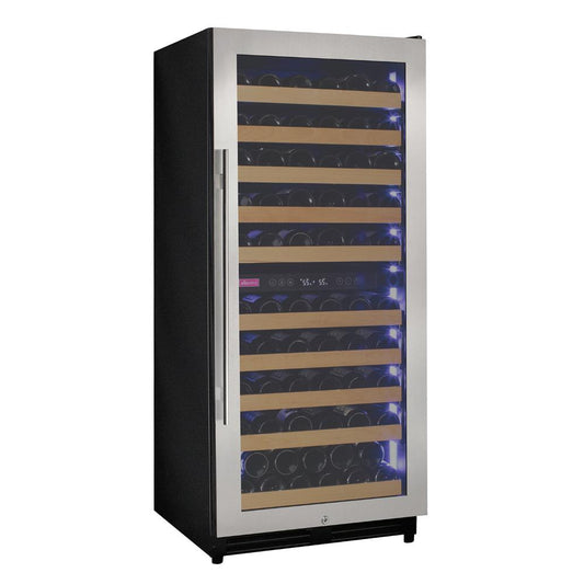Dual-zone 119-bottle stainless steel wine cooler with glass door