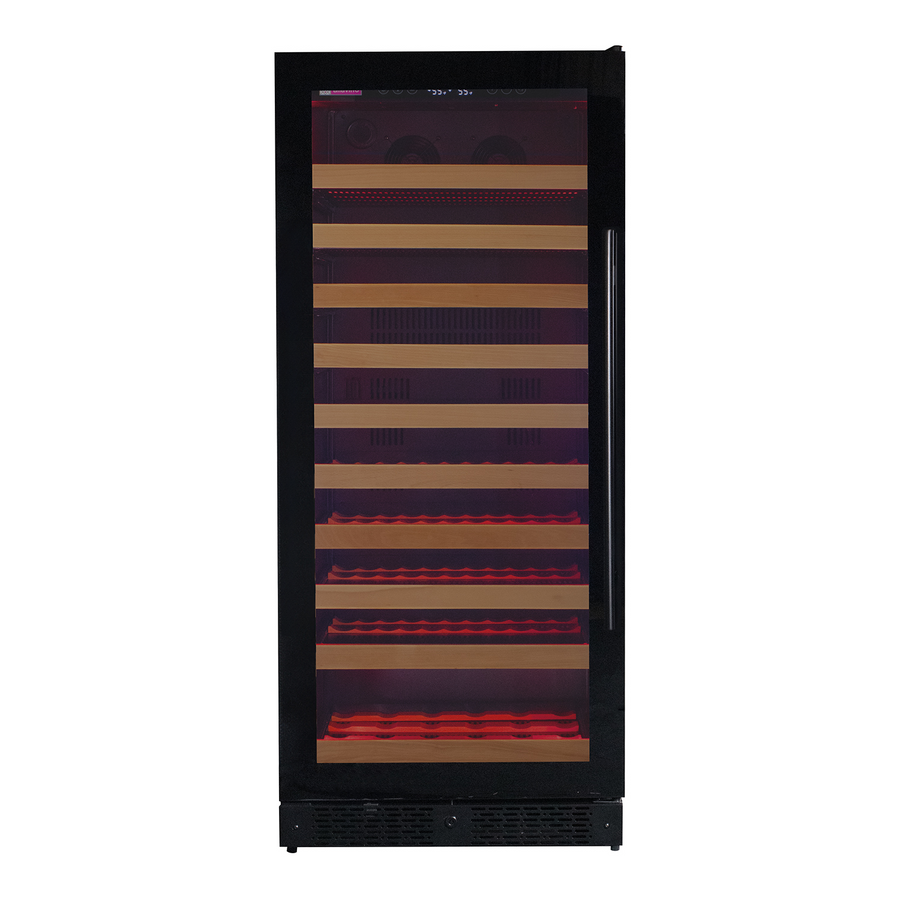 Allavino VSW11955S-1BGL wine refrigerator showcasing its seamless black glass door and stylish freestanding design, ready to hold 119 bottles.