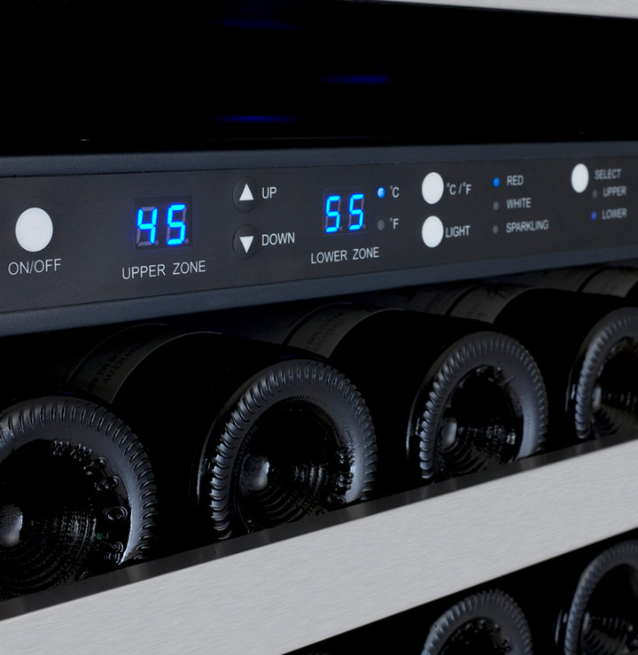 Image of the digital control panel on the Allavino wine fridge, displaying temperature settings for optimal wine storage.