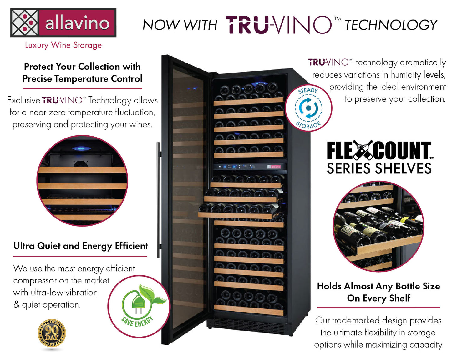 Allavino 24” Wide FlexCount II TruVino 172-Bottle Dual Zone Wine Refrigerator – Black, Left Hinge