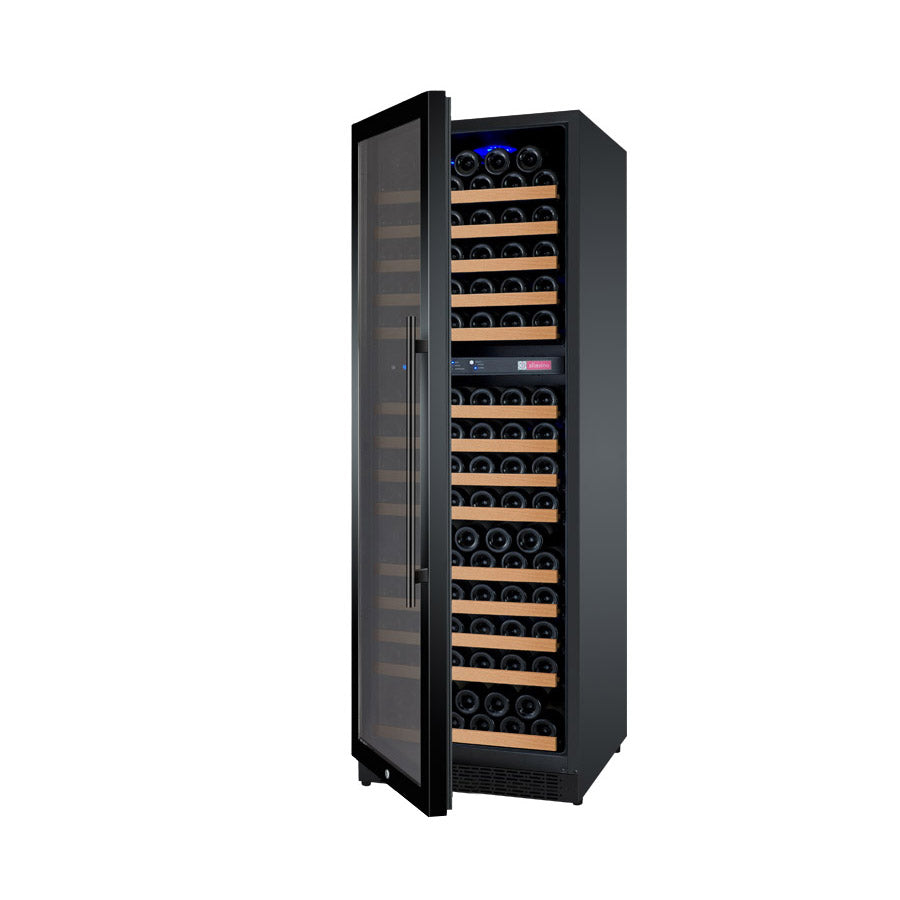 Interior of the Allavino FlexCount II Wine Refrigerator showing neatly organized wine bottles on glide-out FlexCount shelves