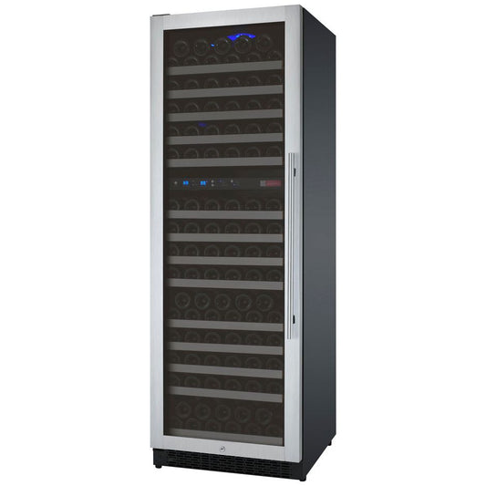Allavino FlexCount II wine refrigerator in stainless steel finish showcasing neatly organized wine bottles