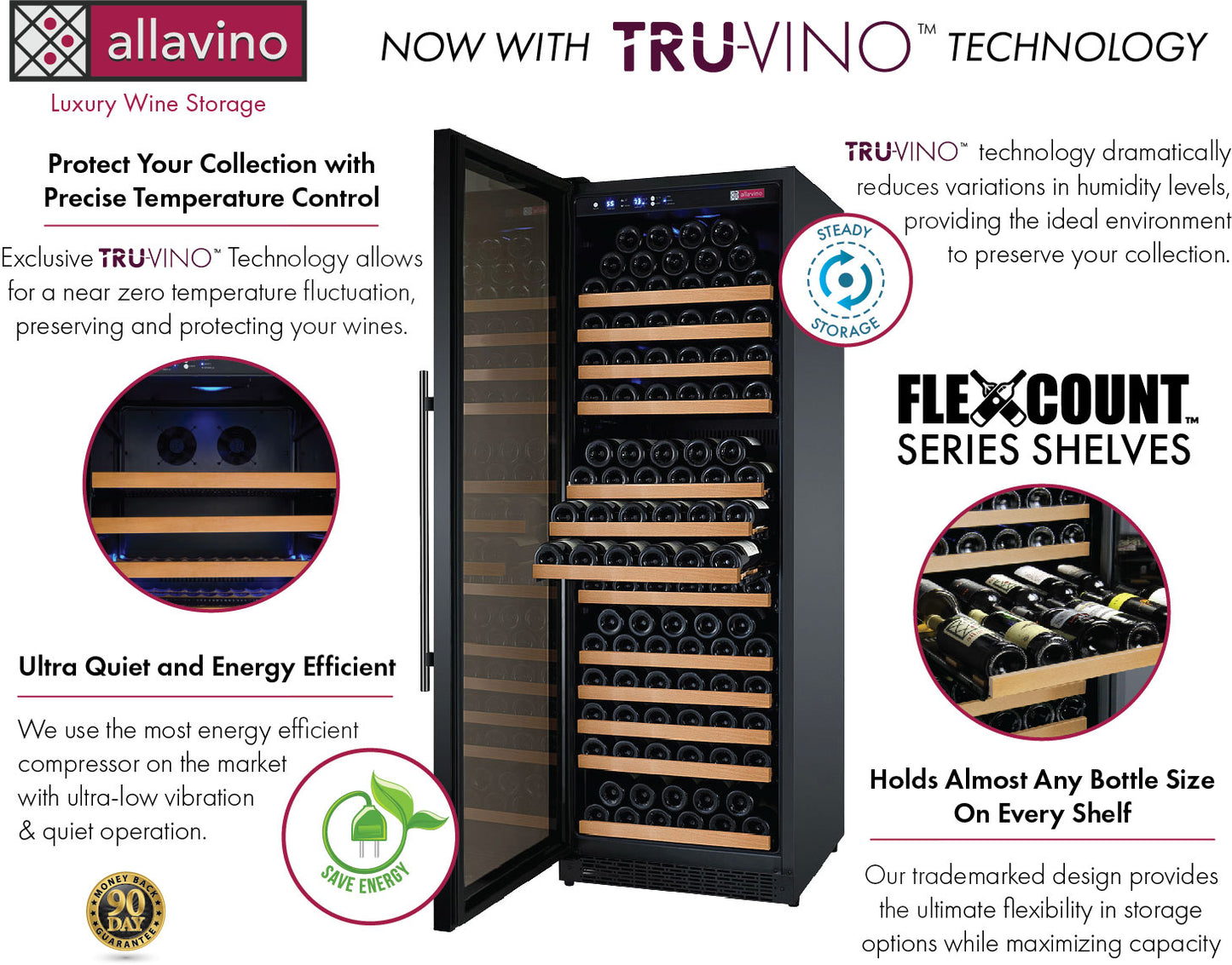 Allavino 24” Wide FlexCount II TruVino 177-Bottle Single Zone Wine Refrigerator – Black, Left Hinge