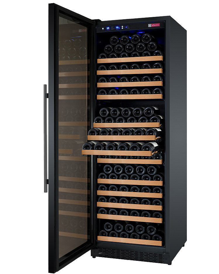 View of the Allavino FlexCount II wine cooler with the door open, revealing storage capacity