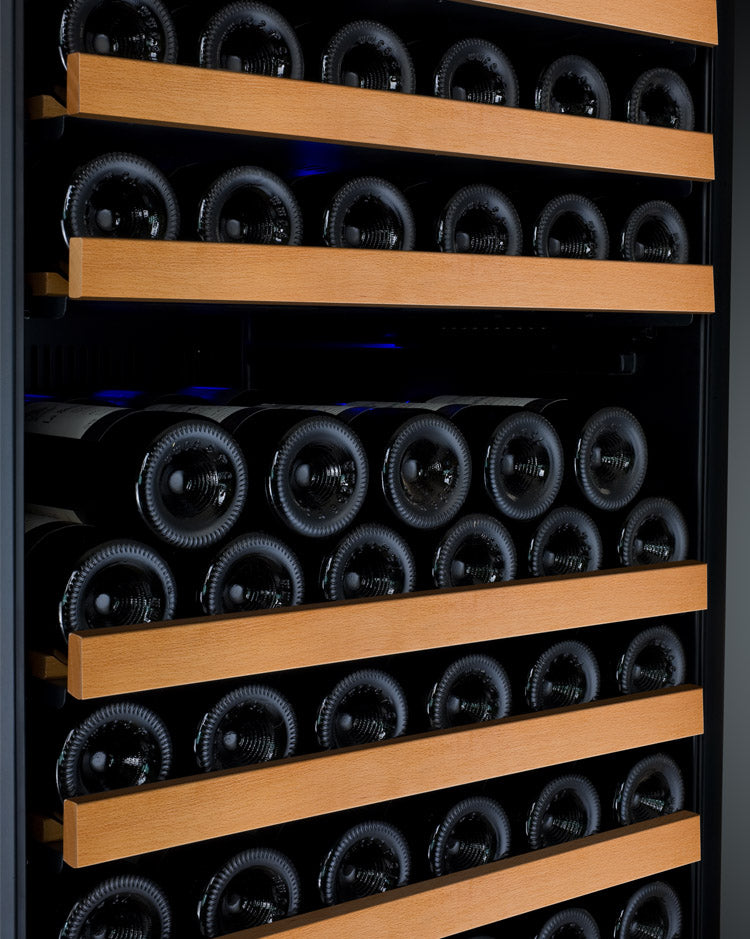 Interior view of the Allavino wine fridge showcasing organized bottles on FlexCount shelves