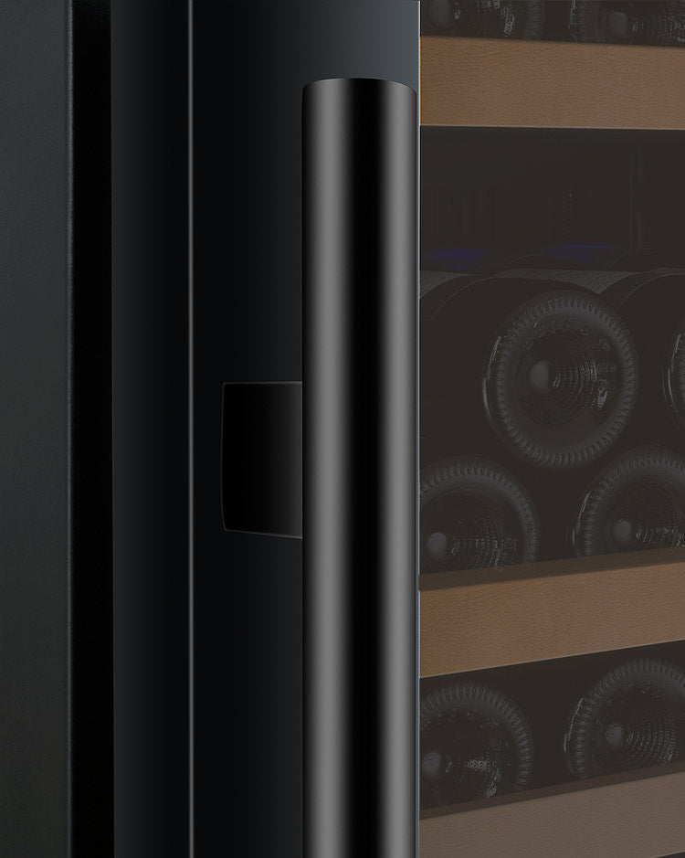 Close up of black finished handle of Allavino flexcount tru-vino II wine fridge.e