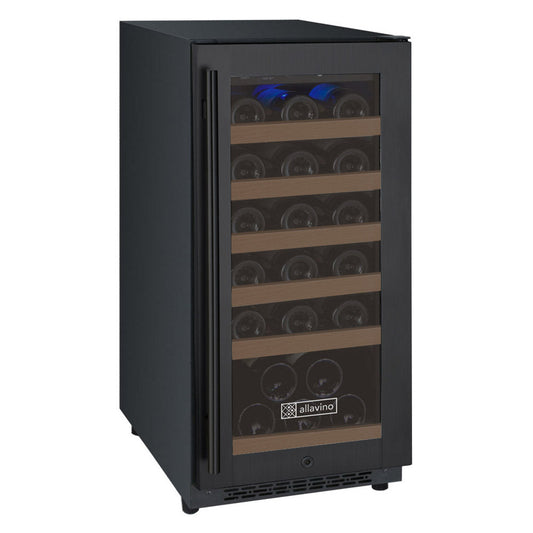 Allavino 15-inch black single-zone wine fridge with right hinge door, holding up to 30 bottles