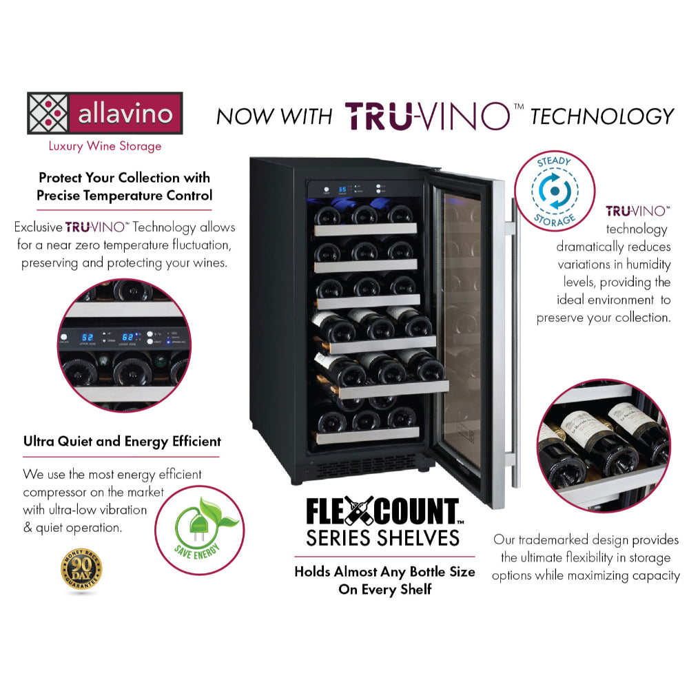Allavino VSWR30-1SR20 30-bottle wine fridge featuring FlexCount shelves for versatile storage