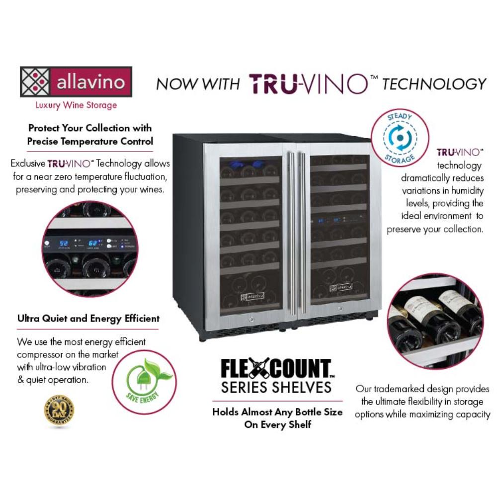 Allavino FlexCount 60-Bottle Triple Zone Undercounter Wine Fridge – Side-by-Side, Stainless Steel Doors